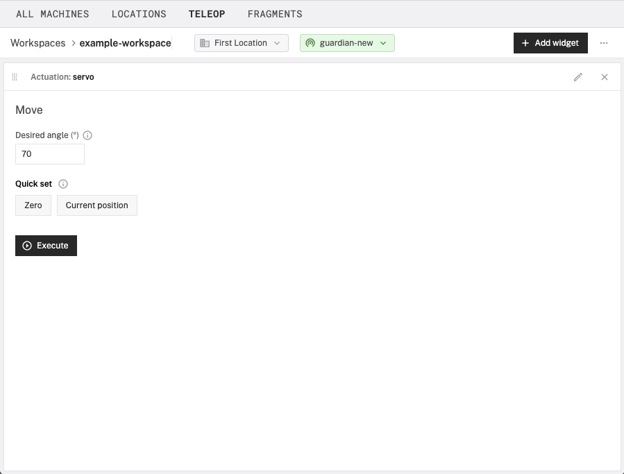 An actuation widget displaying servo controls.