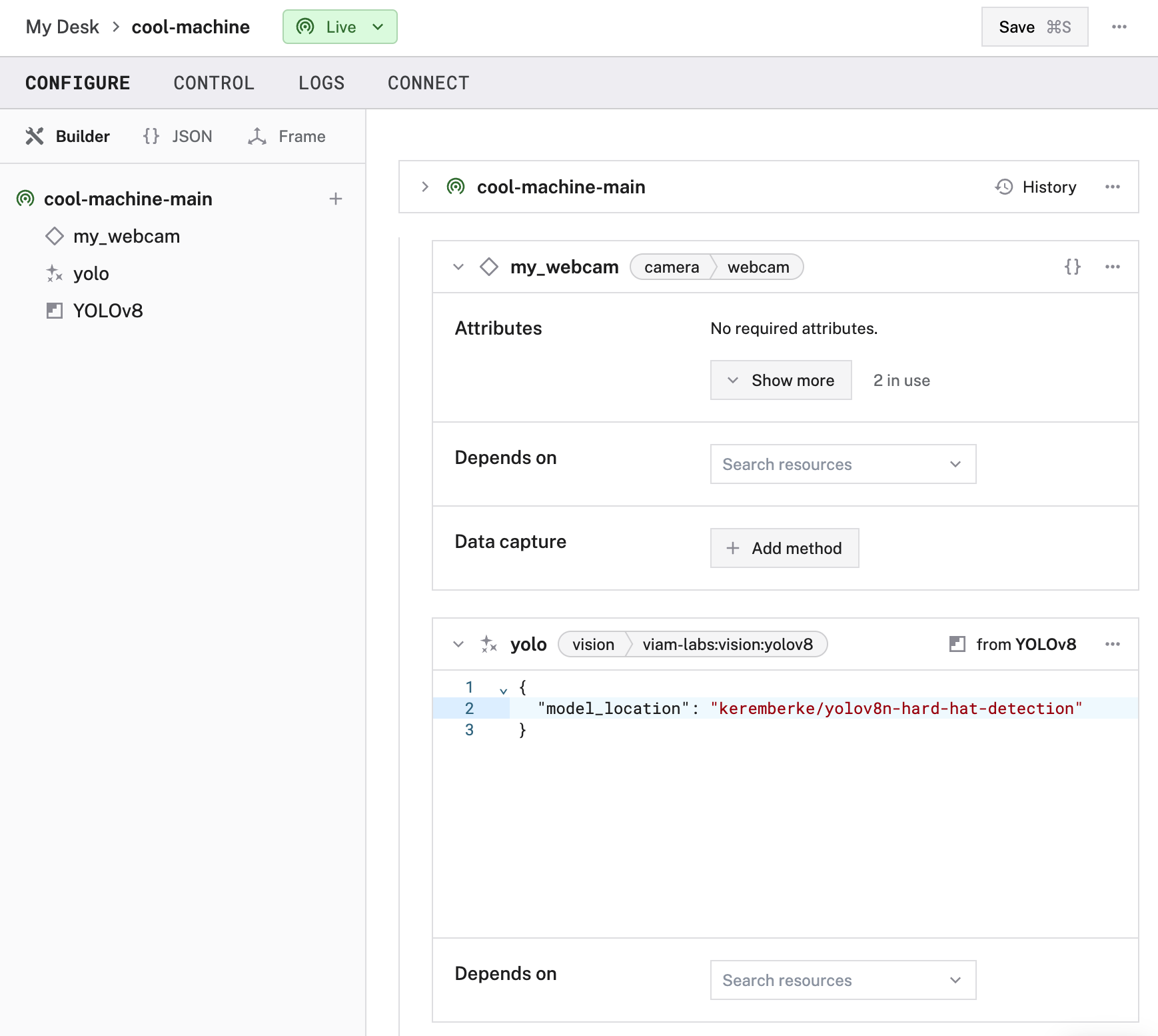 The vision service configuration panel.